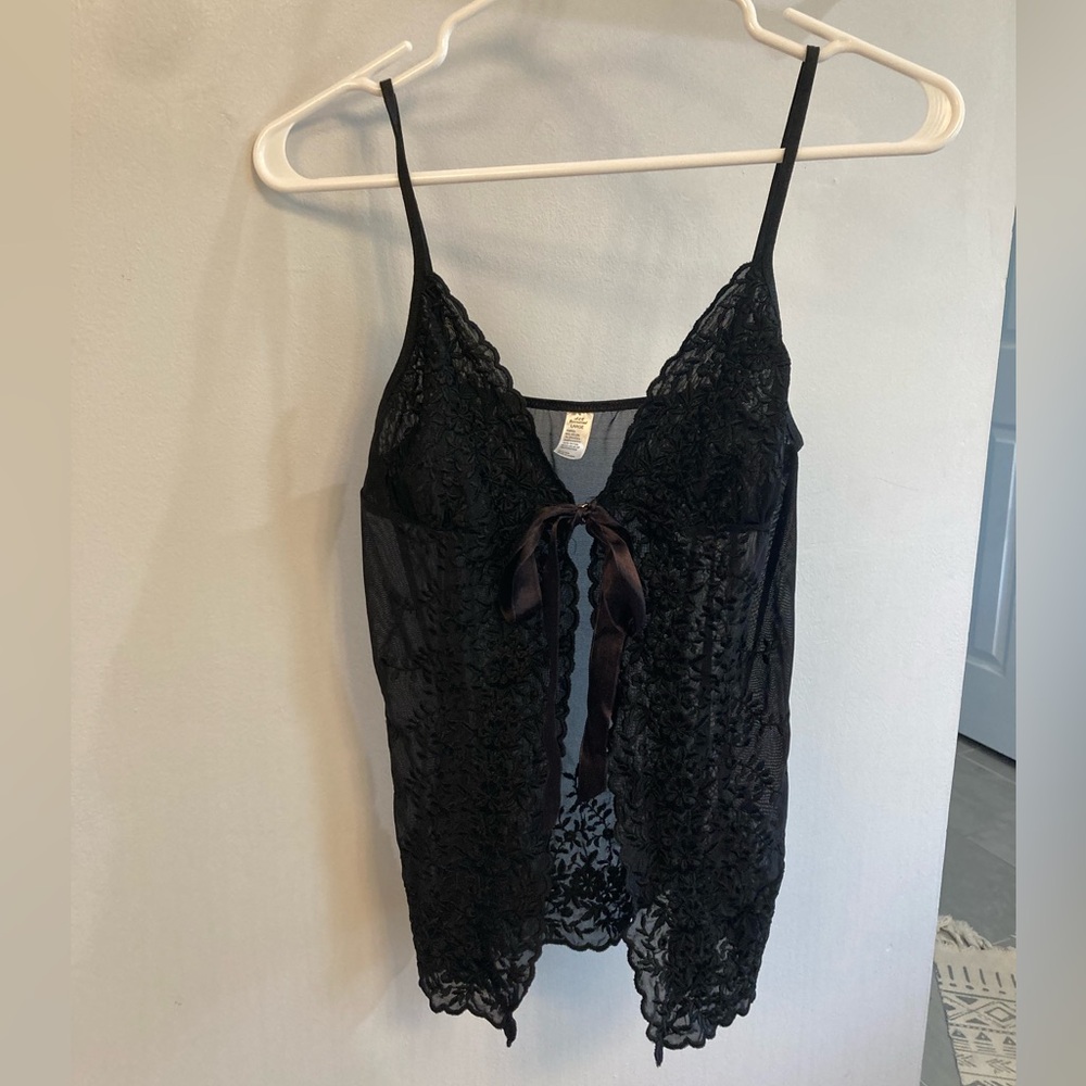 Black Lace Babydoll Chemise Lingerie Top Bow tie size Large